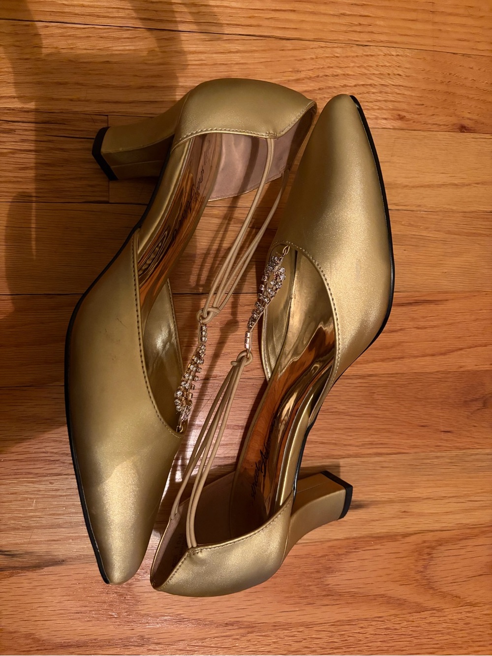 easy street Gold Satin Mid-Heel Pumps with Rhinestone Straps